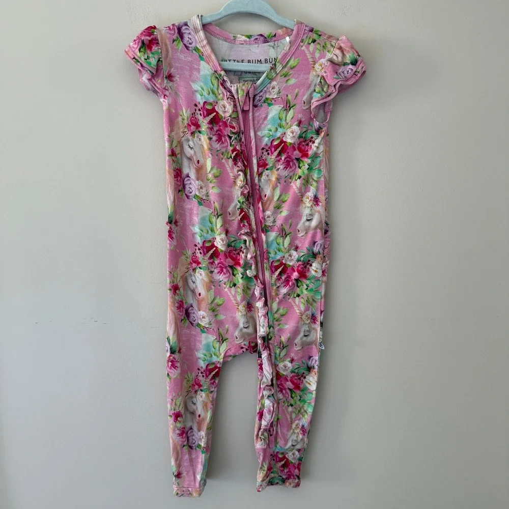 Little Bum Bums‎ Pink Unicorn Floral Bamboo Viscose Ruffle Zippy Romper 12-18M